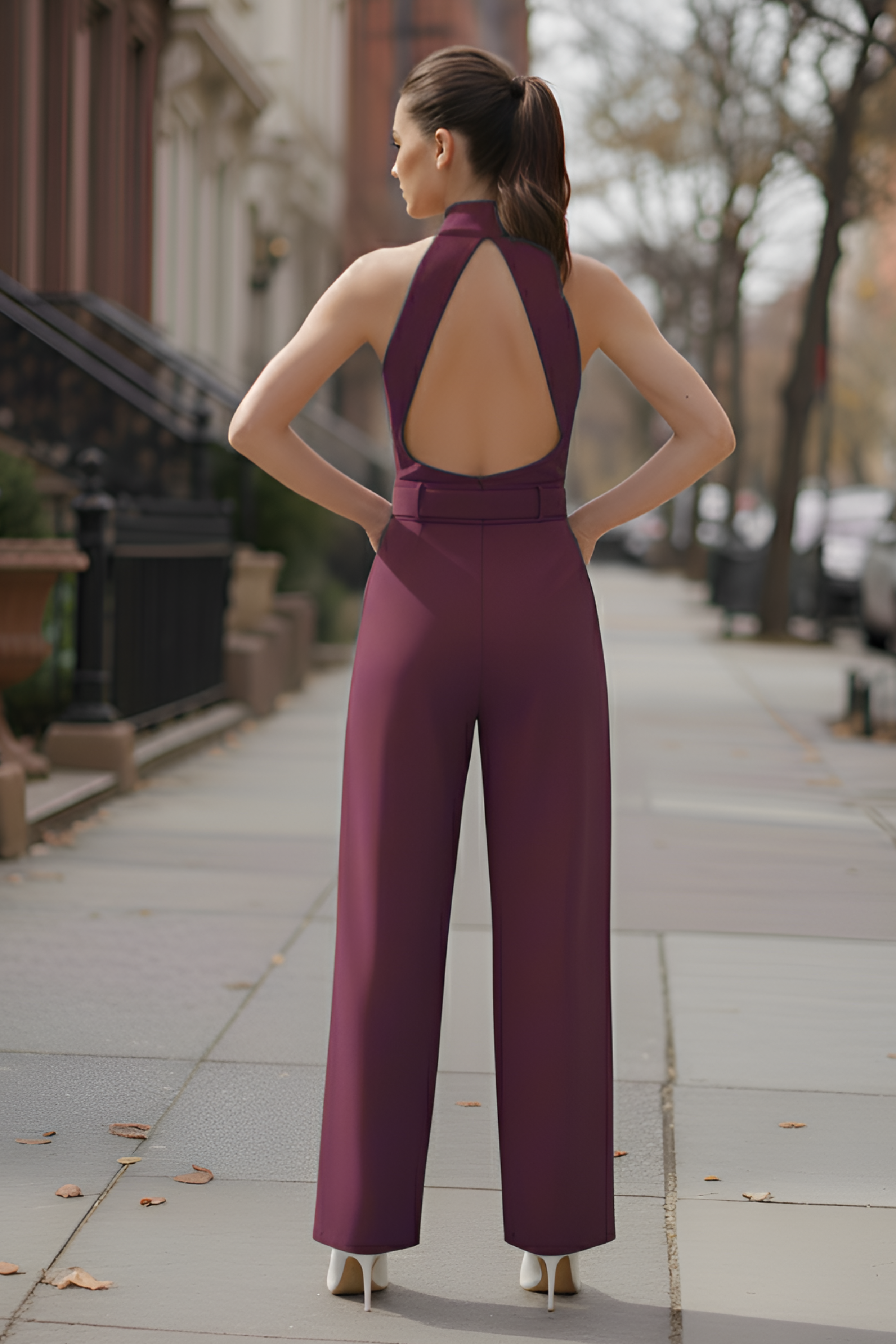 Wine High-Collar Jumpsuit – Gold Buckle